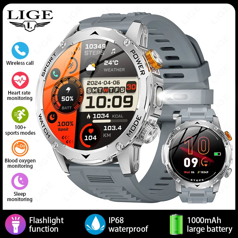 LIGE 2025 Smart Watch Men – Large 1000mAh Battery, Outdoor Flashlight, Bluetooth Call, Waterproof Sports & Fitness Smartwatch - Tech Mart