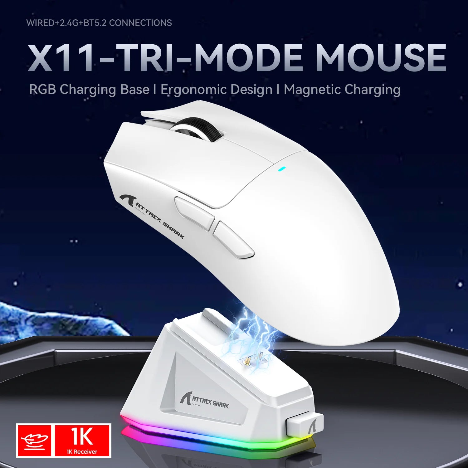 Attack Shark X11 Tri-mode Gaming Mouse with Magnetic Charging Dock, PixArt PAW3311 Sensor, 22K DPI, BT/2.4Ghz/Wired, for PC/MAC - Tech Mart