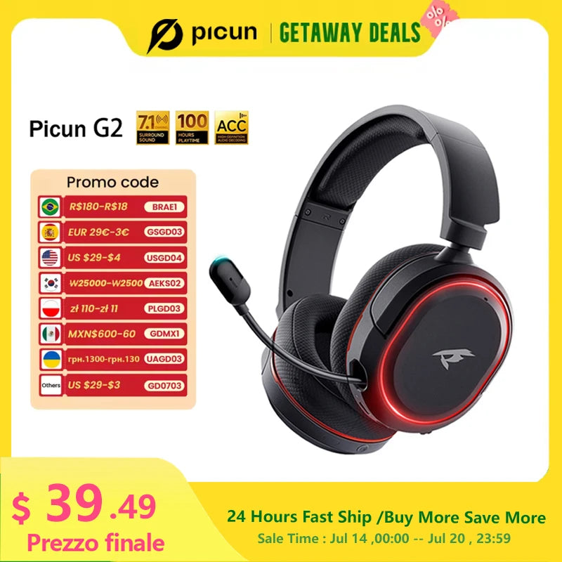 Picun G2 2.4GHz Wireless Gaming Headset with Bluetooth 5.3, 7.1 Surround Sound & Retractable ENC Mic – Compatible with PC, PS5, Switch & More - Tech Mart