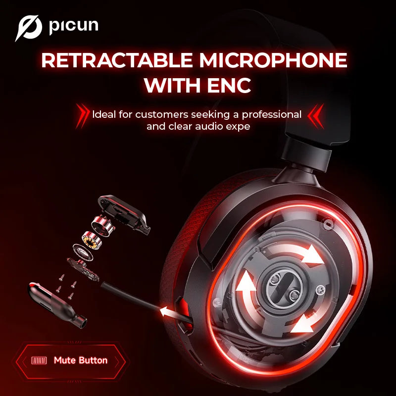 Picun G2 2.4GHz Wireless Gaming Headset with Bluetooth 5.3, 7.1 Surround Sound & Retractable ENC Mic – Compatible with PC, PS5, Switch & More - Tech Mart
