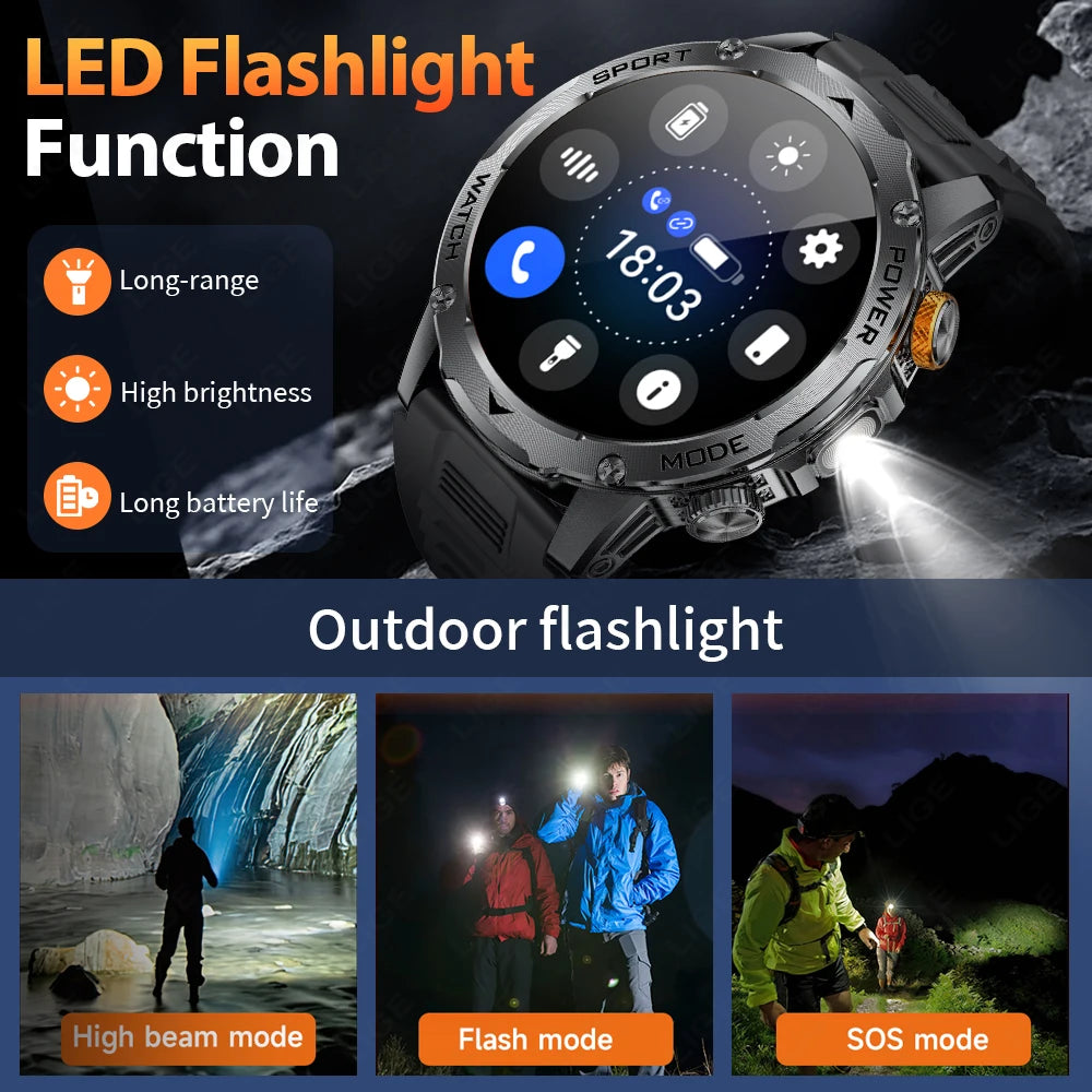 LIGE 2025 Smart Watch Men – Large 1000mAh Battery, Outdoor Flashlight, Bluetooth Call, Waterproof Sports & Fitness Smartwatch - Tech Mart