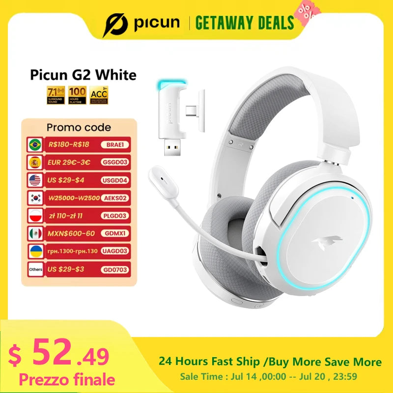 Picun G2 Wireless Gaming Headset – 2.4GHz RF + Bluetooth 5.3, Ultra Low Latency, 7.1 Surround, 100H Battery, Retractable ENC Mic – For PC, PS5, PS4, Switch, Mobile - Tech Mart
