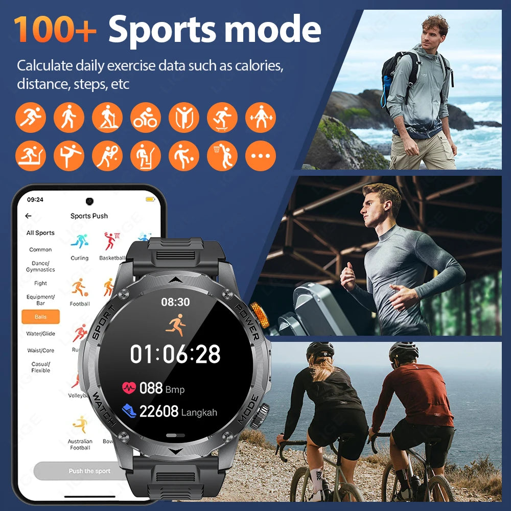 LIGE 2025 Smart Watch Men – Large 1000mAh Battery, Outdoor Flashlight, Bluetooth Call, Waterproof Sports & Fitness Smartwatch - Tech Mart
