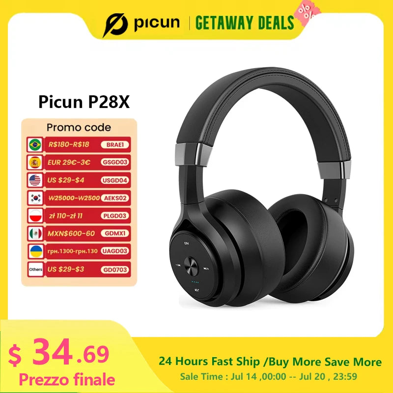 Picun P28X Wireless Bluetooth 5.3 Over-Ear Headphones with Dual Drive Bass, 35H Playtime, and Noise Reduction Technology - Tech Mart