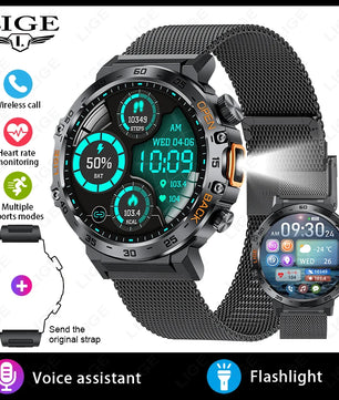 LIGE LED Flashlight Smart Watch Military Watches SOS Bluetooth Call Waterproof Health Monitor Sport Smartwatch For Android ios - Tech Mart