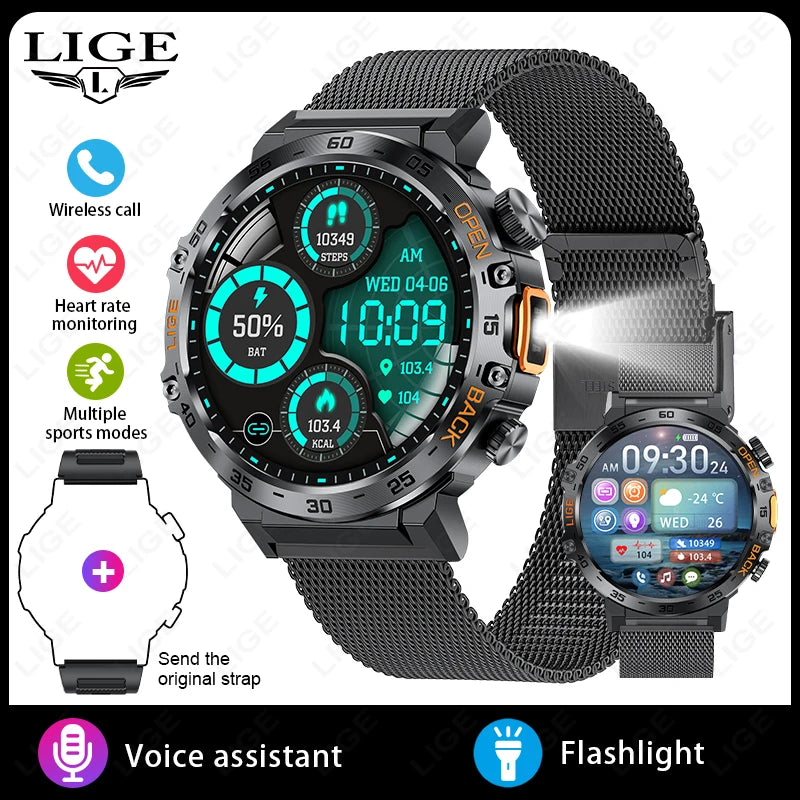 LIGE LED Flashlight Smart Watch Military Watches SOS Bluetooth Call Waterproof Health Monitor Sport Smartwatch For Android ios - Tech Mart