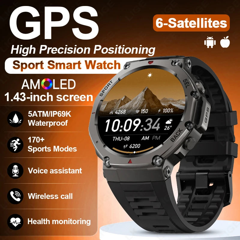 LIGE 2025 New GPS Smartwatch Men 5 ATM Waterproof Built-in Dual-band GNSS Compass Military Sport Bluetooth Call  Men Smart Watch - Tech Mart