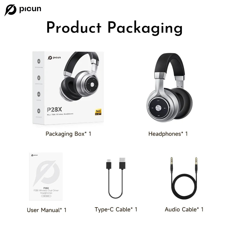 Picun P28X Wireless Bluetooth 5.3 Over-Ear Headphones with Dual Drive Bass, 35H Playtime, and Noise Reduction Technology - Tech Mart
