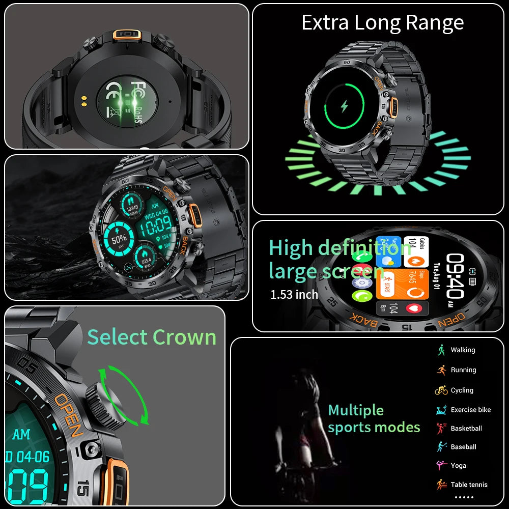 LIGE LED Flashlight Smart Watch Military Watches SOS Bluetooth Call Waterproof Health Monitor Sport Smartwatch For Android ios - Tech Mart