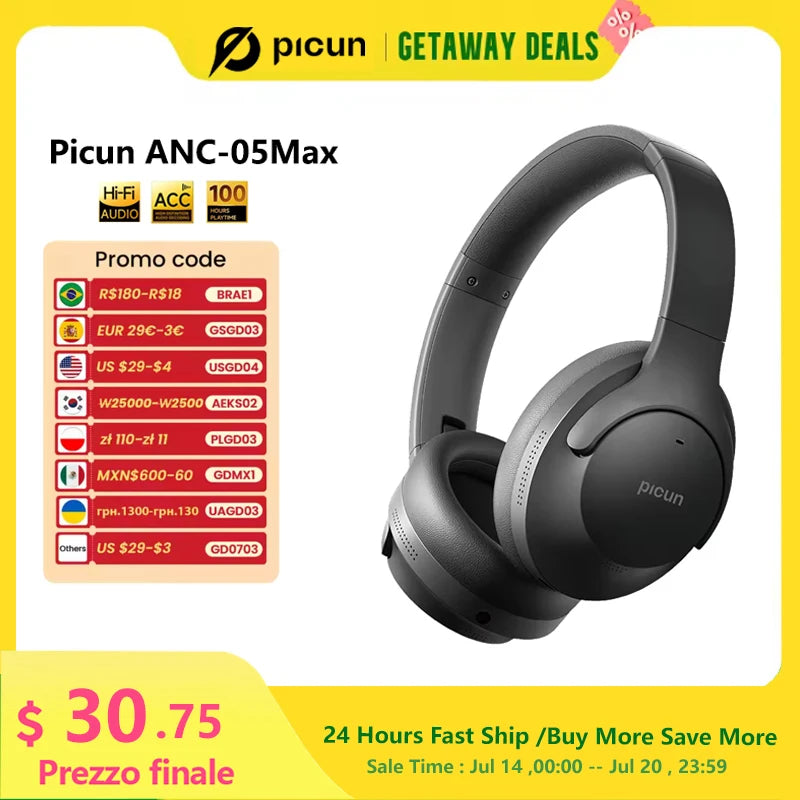 Picun ANC-05MAX Bluetooth Headphones – Deep 48dB ANC, 100H Battery, Hi-Res Audio, Foldable with App Control - Tech Mart