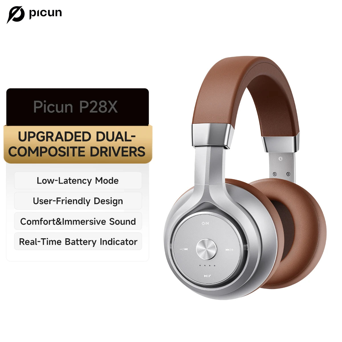 Picun P28X Wireless Bluetooth 5.3 Over-Ear Headphones with Dual Drive Bass, 35H Playtime, and Noise Reduction Technology - Tech Mart
