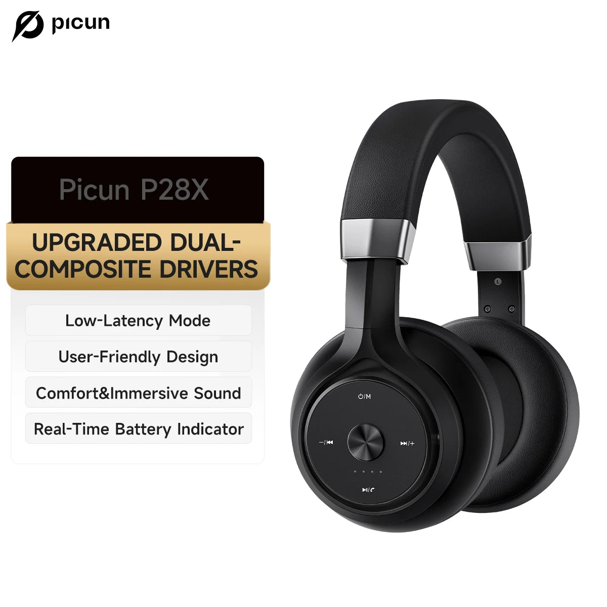 Picun P28X Wireless Bluetooth 5.3 Over-Ear Headphones with Dual Drive Bass, 35H Playtime, and Noise Reduction Technology - Tech Mart