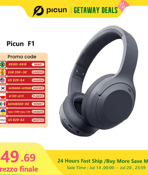 Picun F1 ANC Wireless Bluetooth 5.4 Hi-Fi Headphones with 43dB Adaptive Noise Cancelling, 80-Hour Battery, 40mm Drivers, and App Customization - Tech Mart