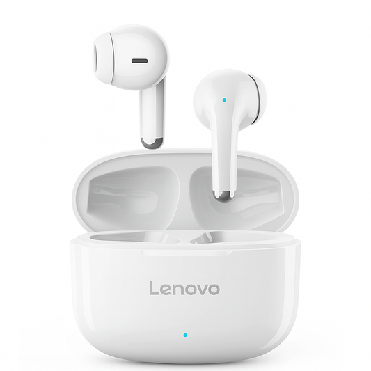 Lenovo wireless earbuds with charging case on a white background