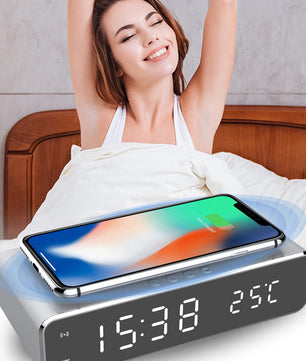 LED Digital Alarm Clock with Wireless Charger – HD Mirror Display, Thermometer, Date, and 3 Alarms – Modern Desktop Clock for Bedroom or Office - Tech Mart