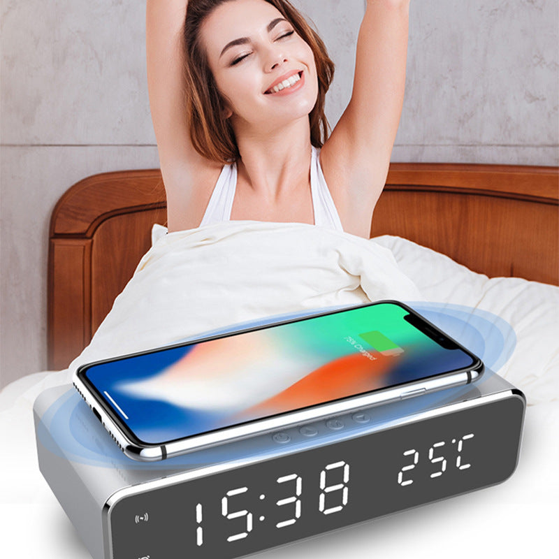 LED Digital Alarm Clock with Wireless Charger – HD Mirror Display, Thermometer, Date, and 3 Alarms – Modern Desktop Clock for Bedroom or Office - Tech Mart