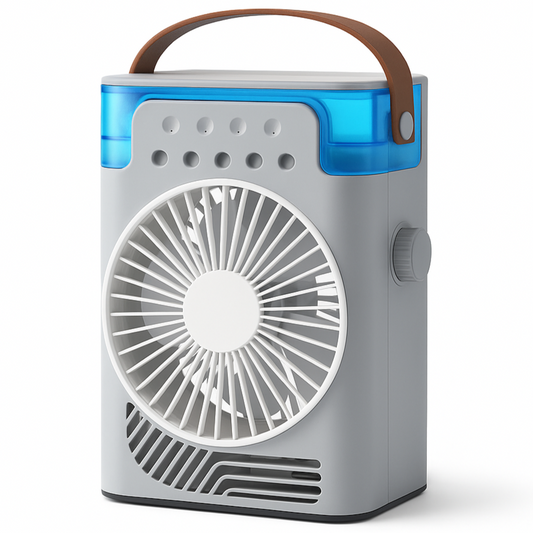 Portable fan with a brown handle on a white background